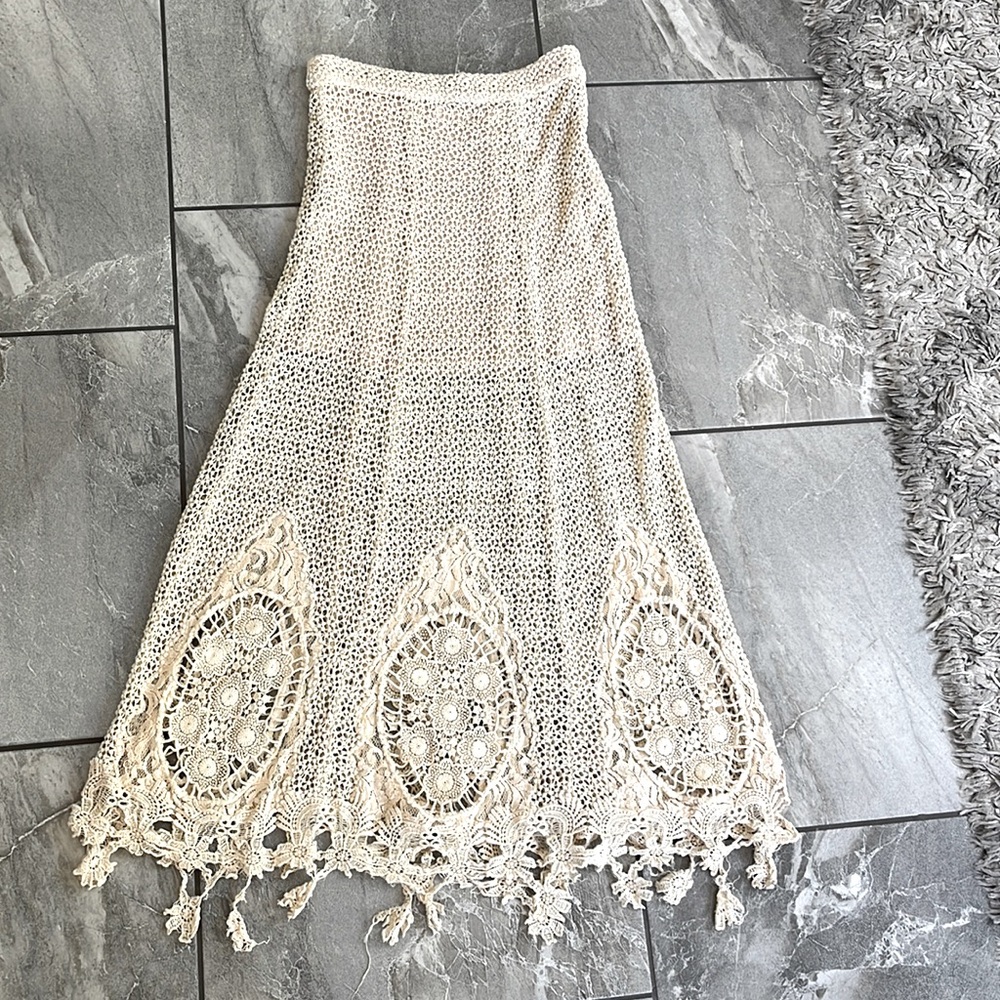 🤍 Free People Mi Amore Maxi Skirt Cream Crochet size 2 Cotton - Picture 3 of 9